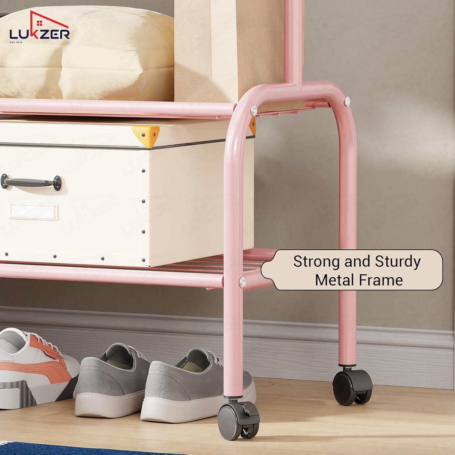 Lukzer Single Pole Portable Metal Garment Rack with 2 Bottom Shelves (MGR-008/Pink)
