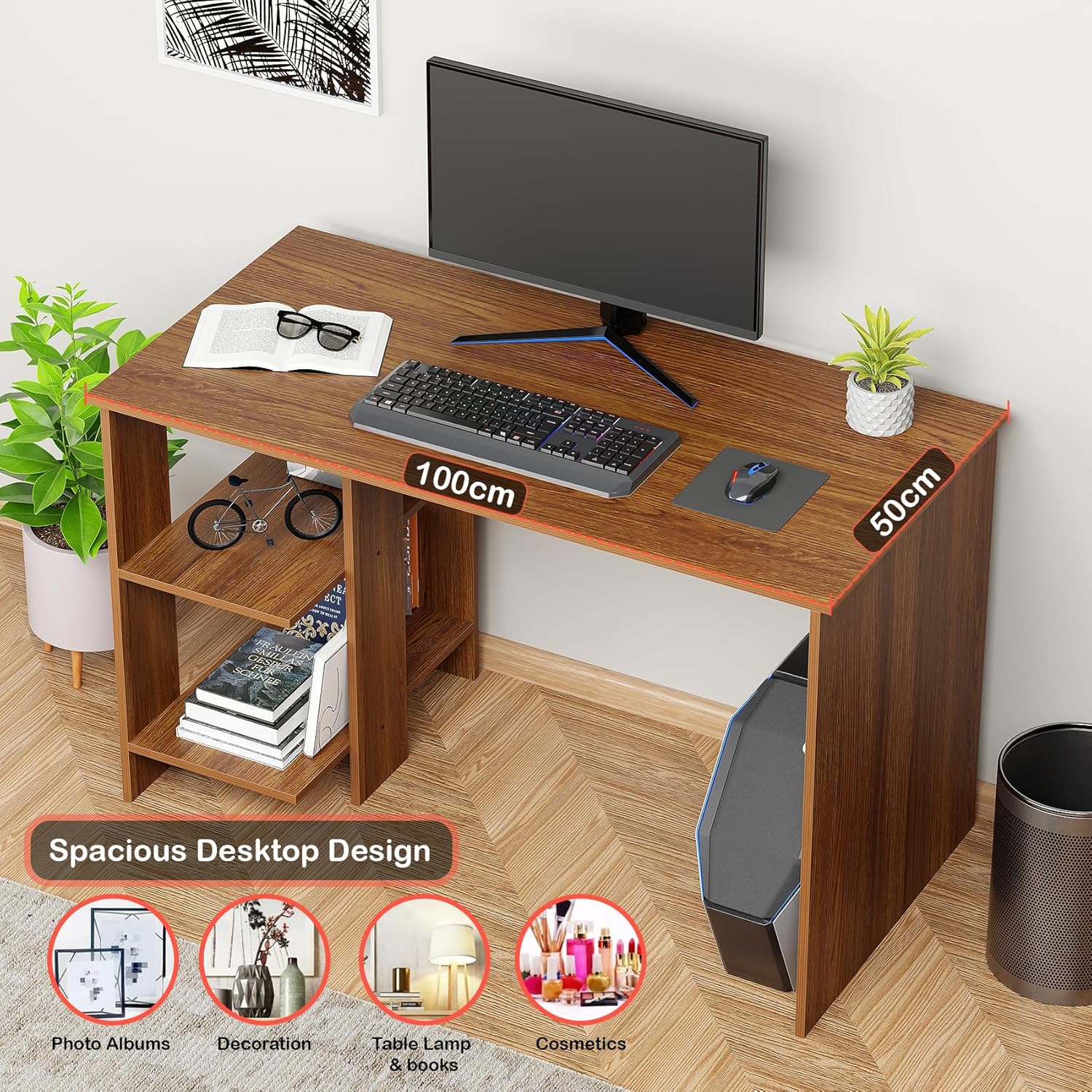 Lukzer Engineered Wood Study & Computer Table Office Desk with Bookshelf (ST-007/ Oak Brown)