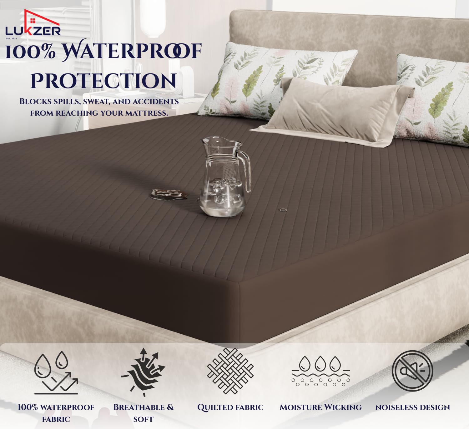 Lukzer Quilted Cotton Waterproof Mattress Protector Dark Brown (MTP-QDB-001)