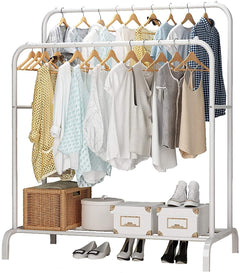 Lukzer Metal Cloth Stand with 2 Hanging Rods & Storage Shelf (MGS-002/White)