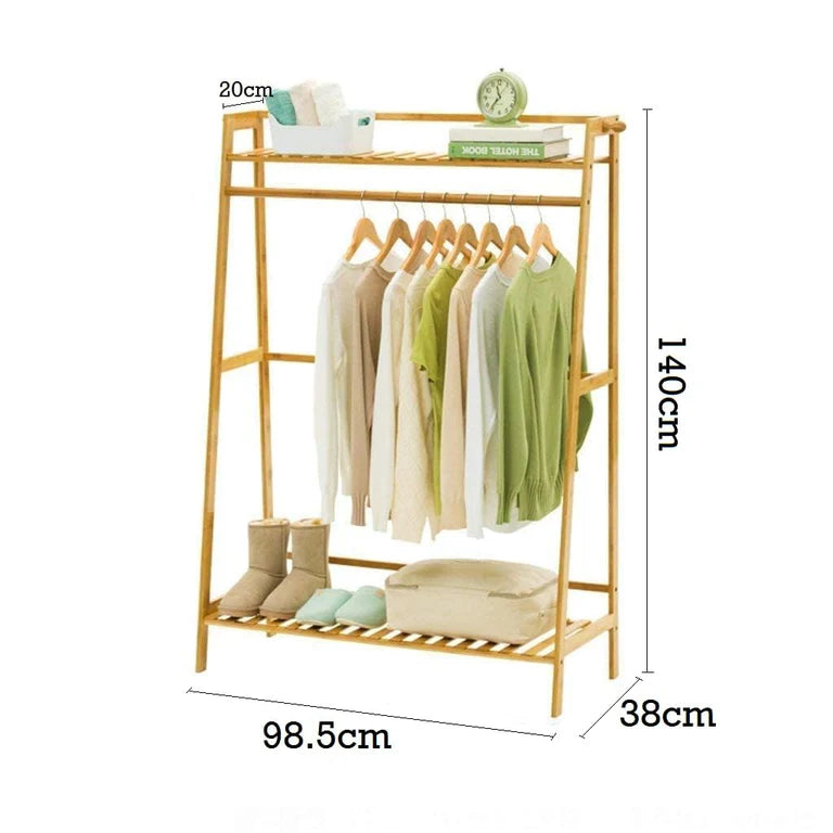 Lukzer Bamboo Garment Stand with Top & Bottom Shelves (CH-498)