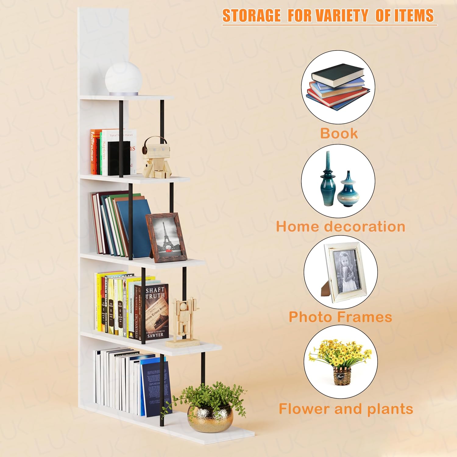 Lukzer 5-Tier L-Shaped Modern Step Design Storage & Display Unit (MRM-015/White)