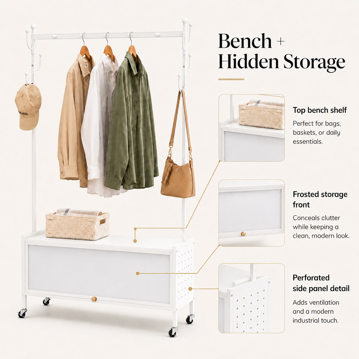 Lukzer Metal Garment Rack with Dust-Proof Storage Shelf & Multiple Hooks (White)