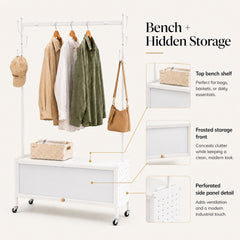 Lukzer Metal Garment Rack with Dust-Proof Storage Shelf & Multiple Hooks (White)