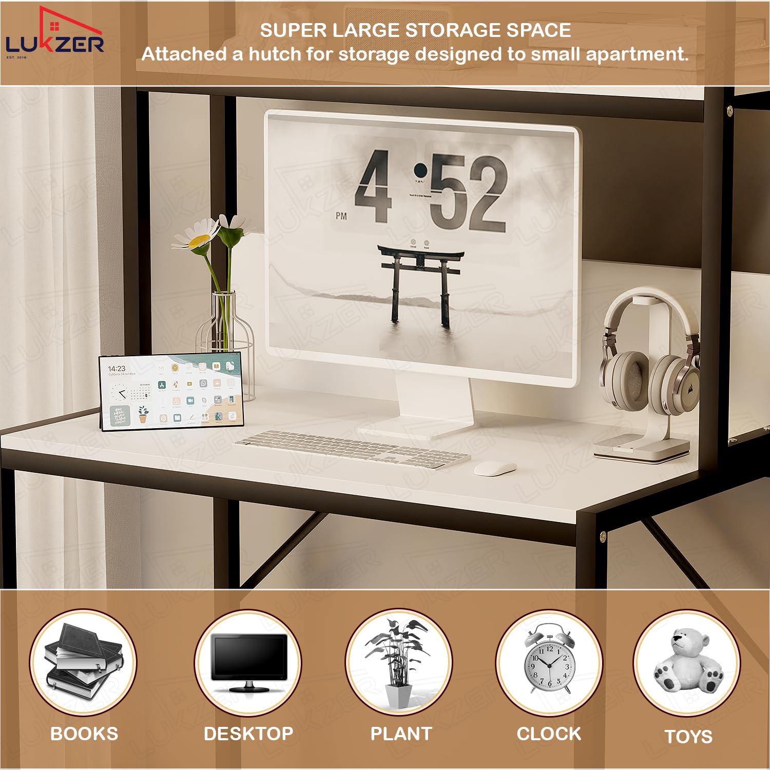 Lukzer 3-Layer Metal & Wooden Computer Desk & Study Table with Bookshelf (MST-006/White)