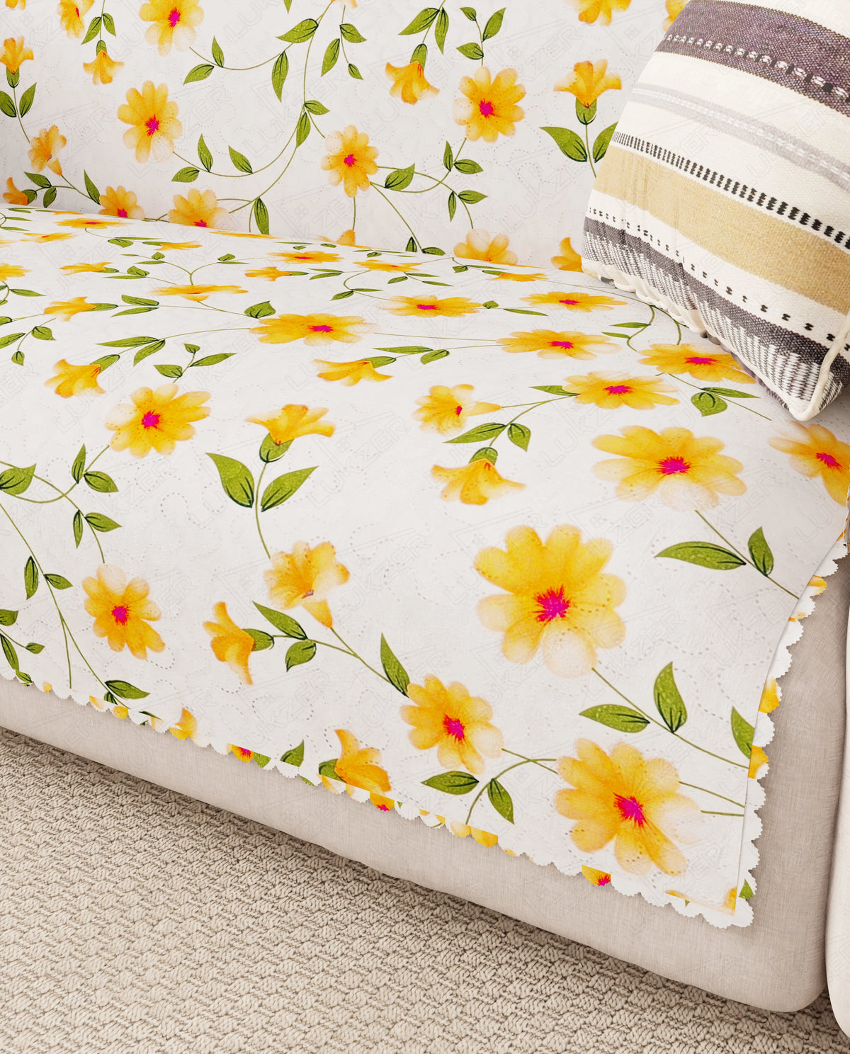 Lukzer Quilted Reversible Terra Bloom Sofa Mat with WaveEdge Ultrasonic Cut (WITH BACK & HAND REST) - SC-205-01WB