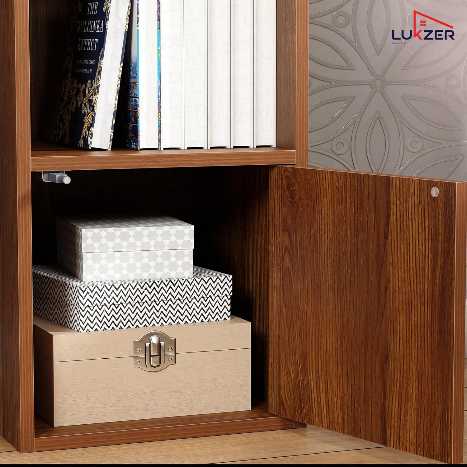 Lukzer 4 Layer Engineered Wood Storage Cabinet with Open Display Rack (MR-023/Oak Brown)