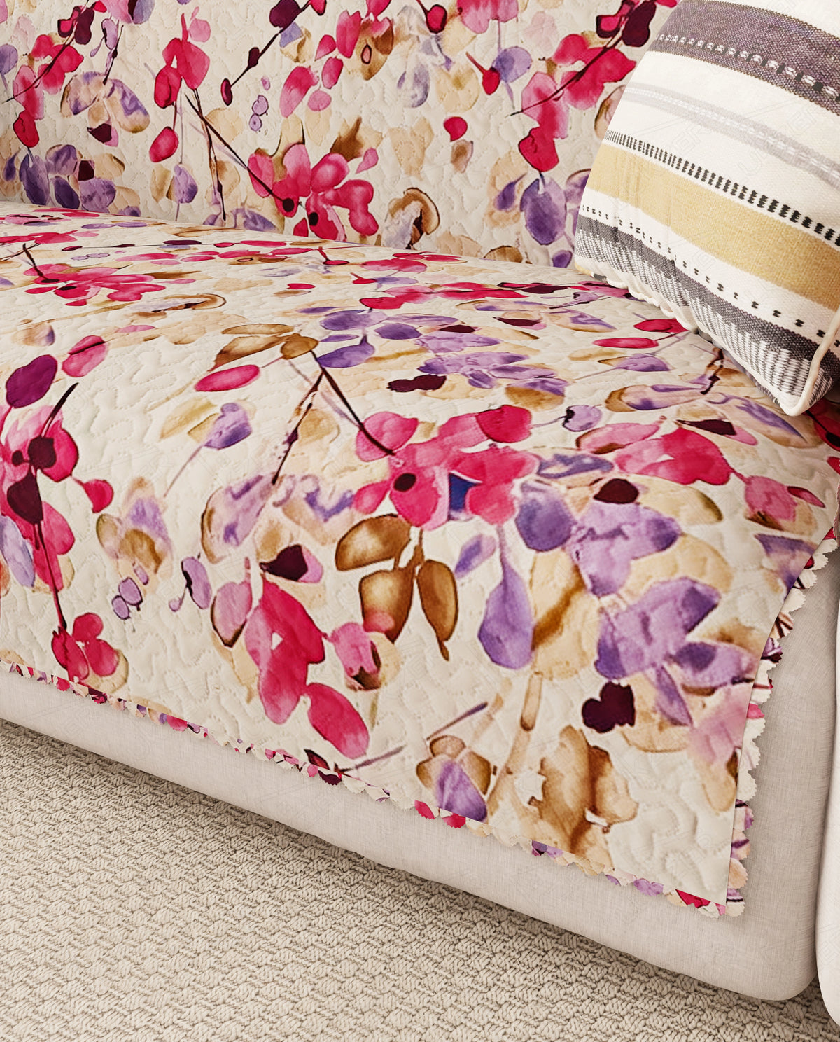 Lukzer Quilted Reversible Royal Petals Sofa Mat with WaveEdge Ultrasonic Cut (WITH BACK & HAND REST) - SC-219-01WB
