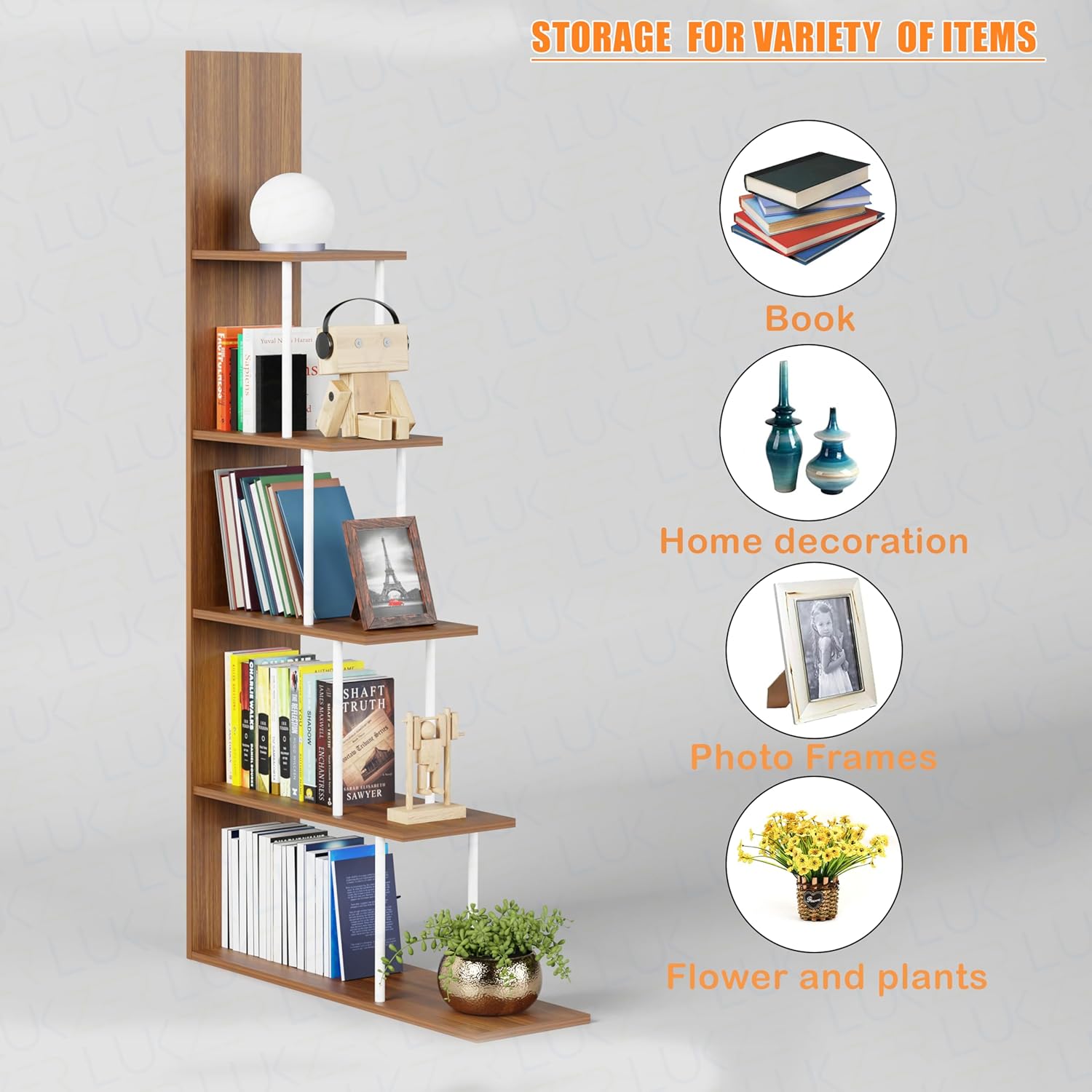 Lukzer 5-Tier L-Shaped Modern Step Design Storage & Display Unit (MRM-015/Oak Brown)