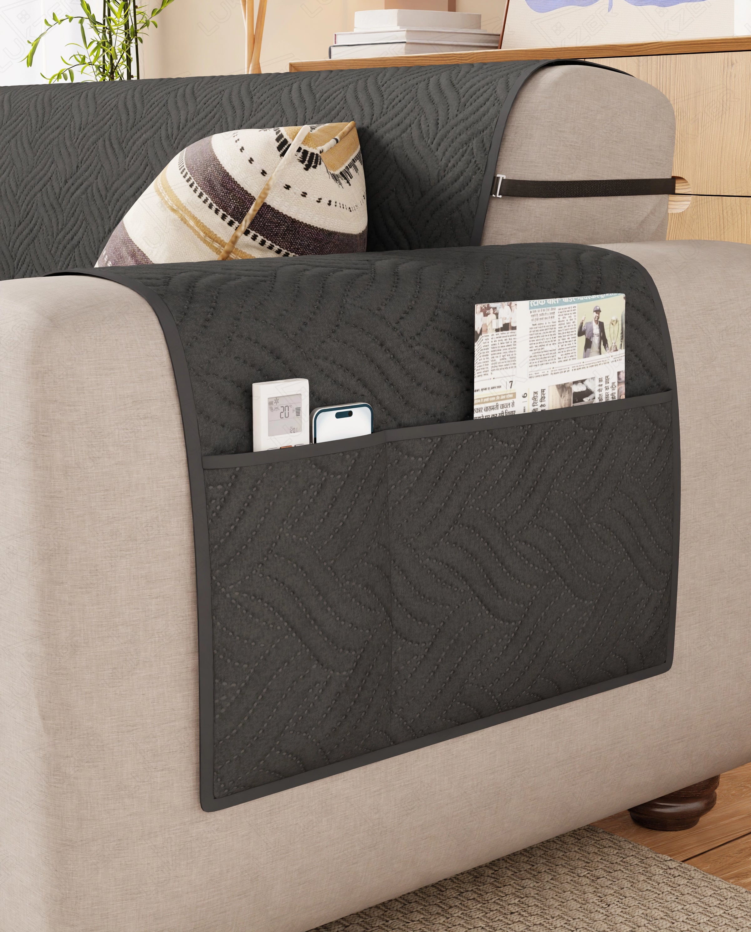 Lukzer Reversible Quilted Sofa Mat with Arms Aqua Weave Grey (SC-217-01)