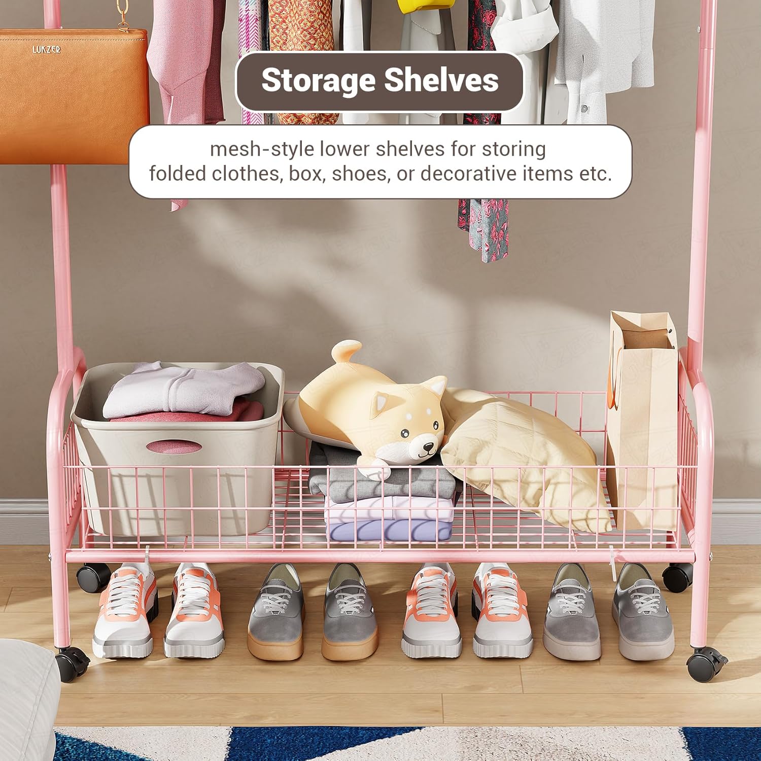 Lukzer Heavy-Duty Portable Metal Clothes Rack with Single Rod & Bottom Shelf (MGR-001/Pink)