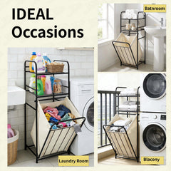 Lukzer Laundry Basket with 2-Tier Metal Storage Shelves & Detachable Fabric Hamper (Black)