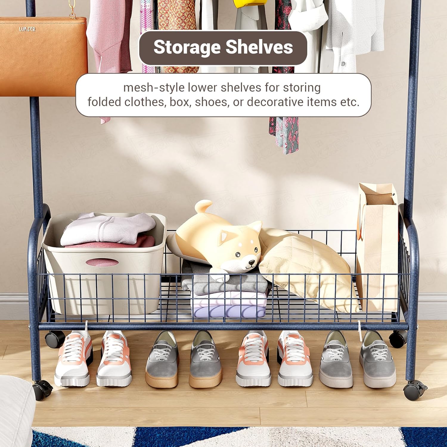 Lukzer Heavy-Duty Portable Metal Clothes Rack with Single Rod & Bottom Shelf (MGR-001/Deep Sea)