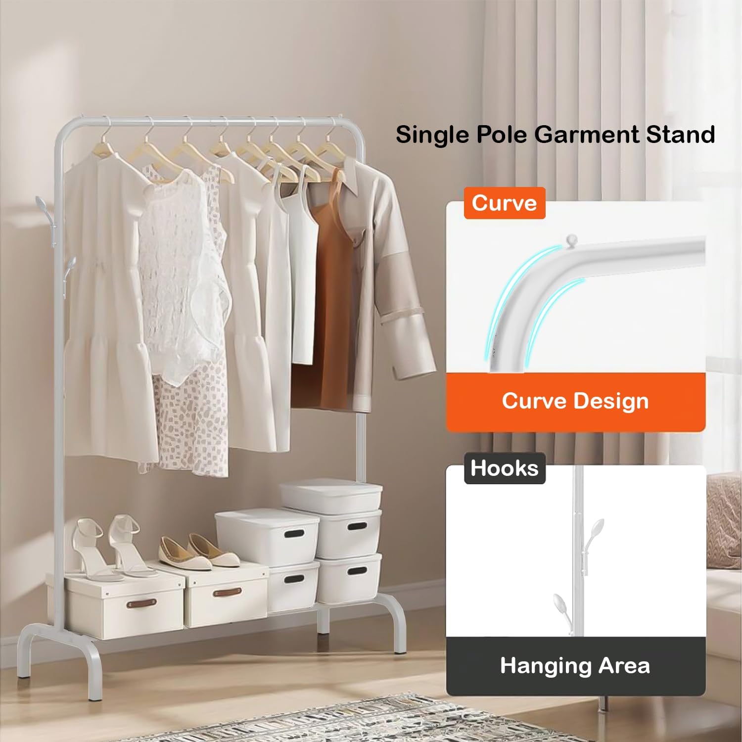 Lukzer Freestanding Metal Cloth Stand with Storage Shelf (MGS-001/White)