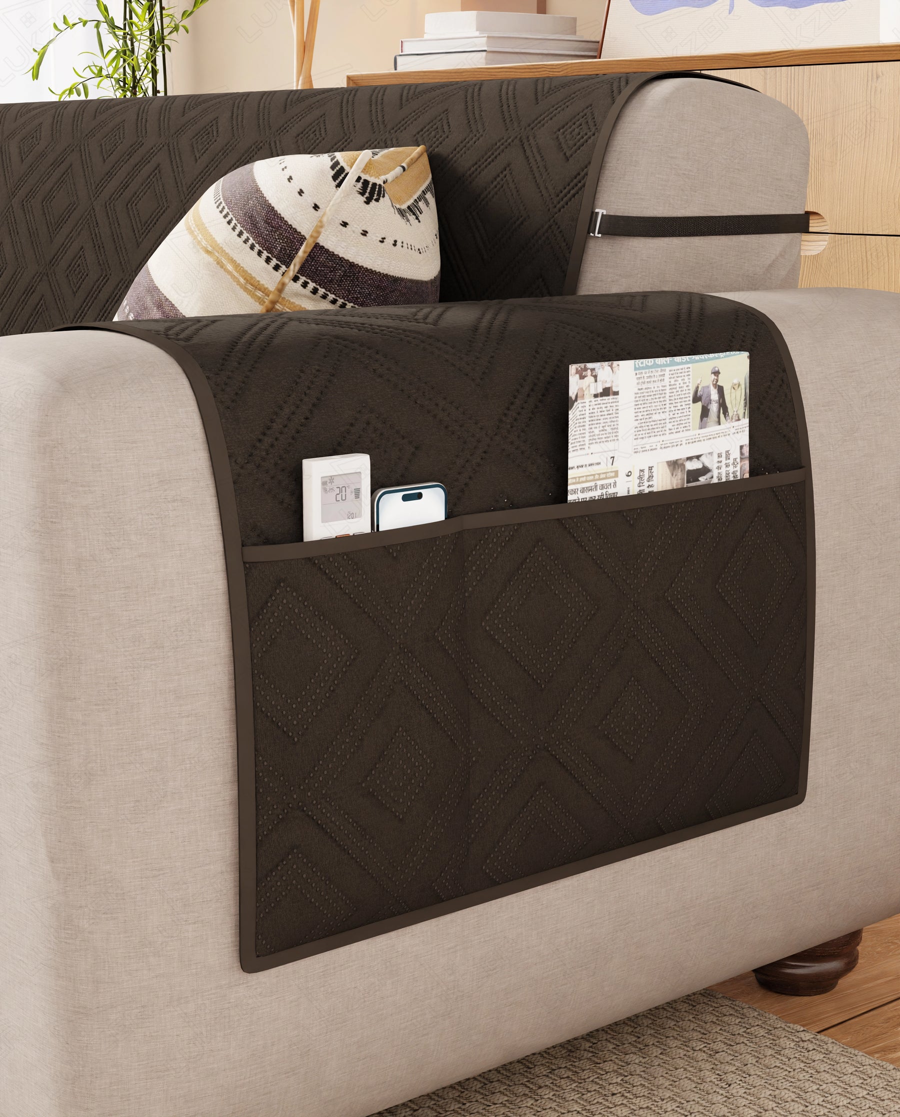 Lukzer Reversible Quilted Sofa Mat with Arms Dot Frame Dark Brown (SC-212-01)