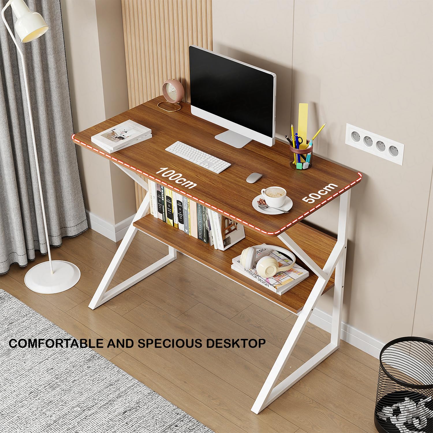 Lukzer Modern Engineered Wood Computer Desk with Bookshelf Oak Brown Top & White Frame (MST-001)