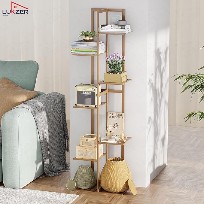 Lukzer Multipurpose Standing Shelf Rack for Kitchen Organizer | Bamboo Storage Rack for for Books, Plants, Decor &amp; More | Lightweight, Durable Organizer for Living Room, Balcony &amp; Office - (2,3,5,6 Tier)