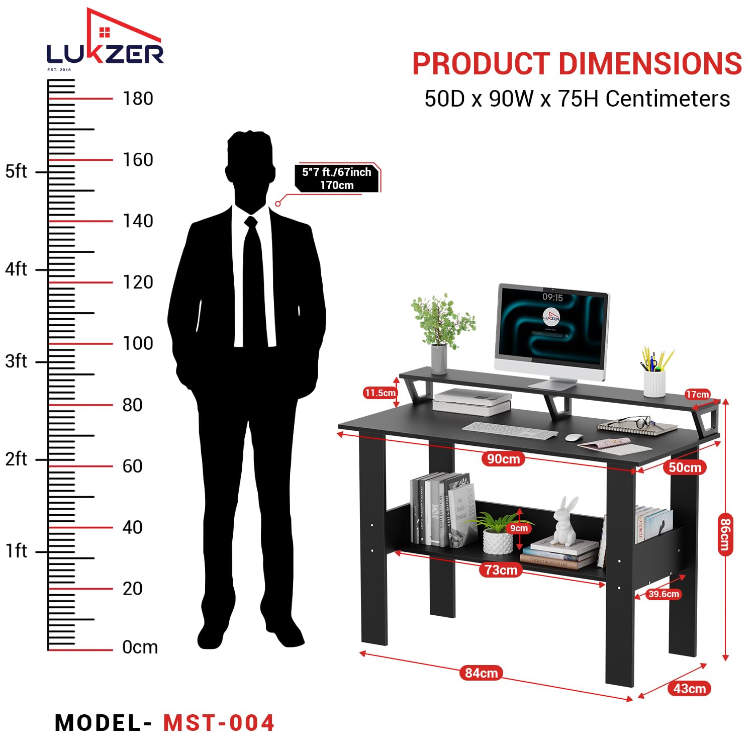 Lukzer Study Table with Monitor Riser & Open Book Shelf (MST-004/Black)