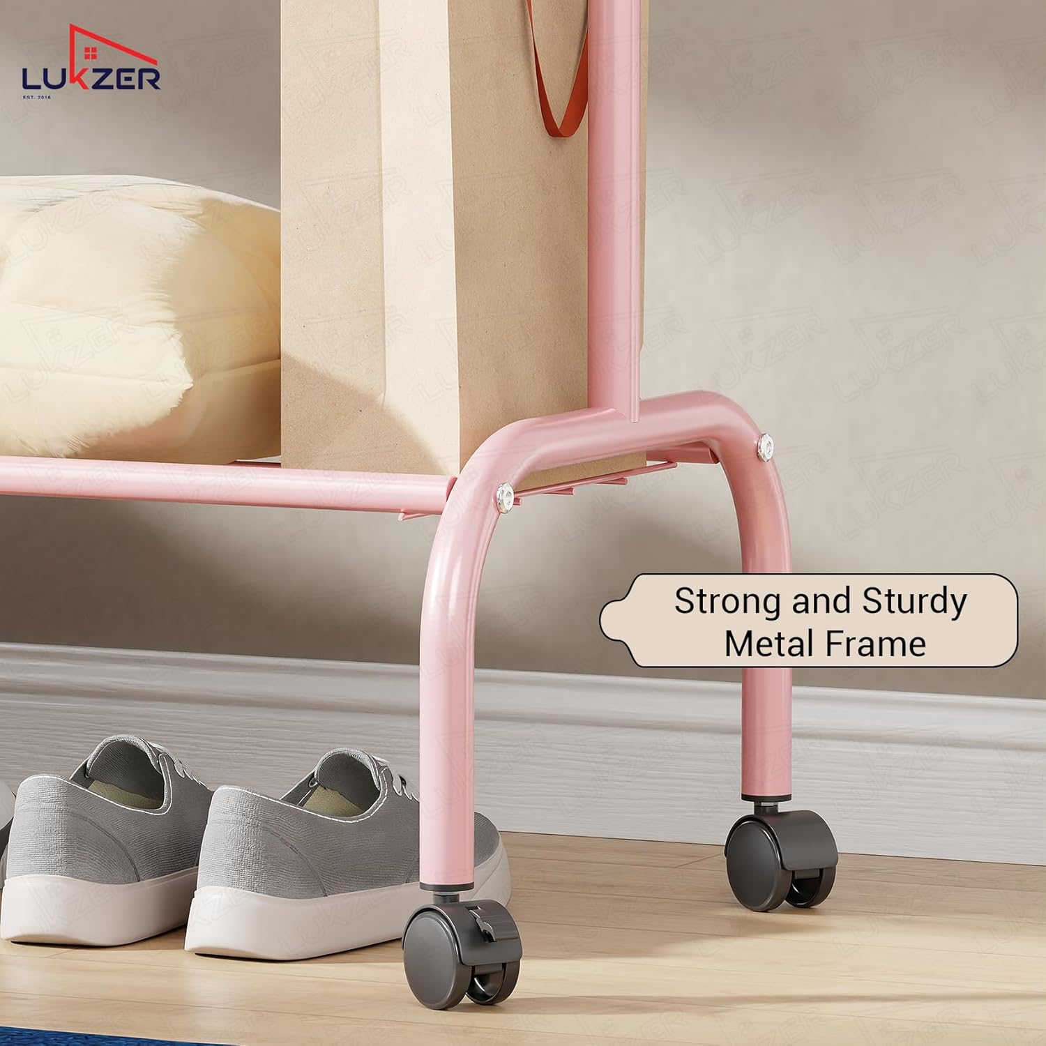 Lukzer Metal Garment Rack with Wheels & 1 Bottom Storage Shelf (MGR-005/Pink)