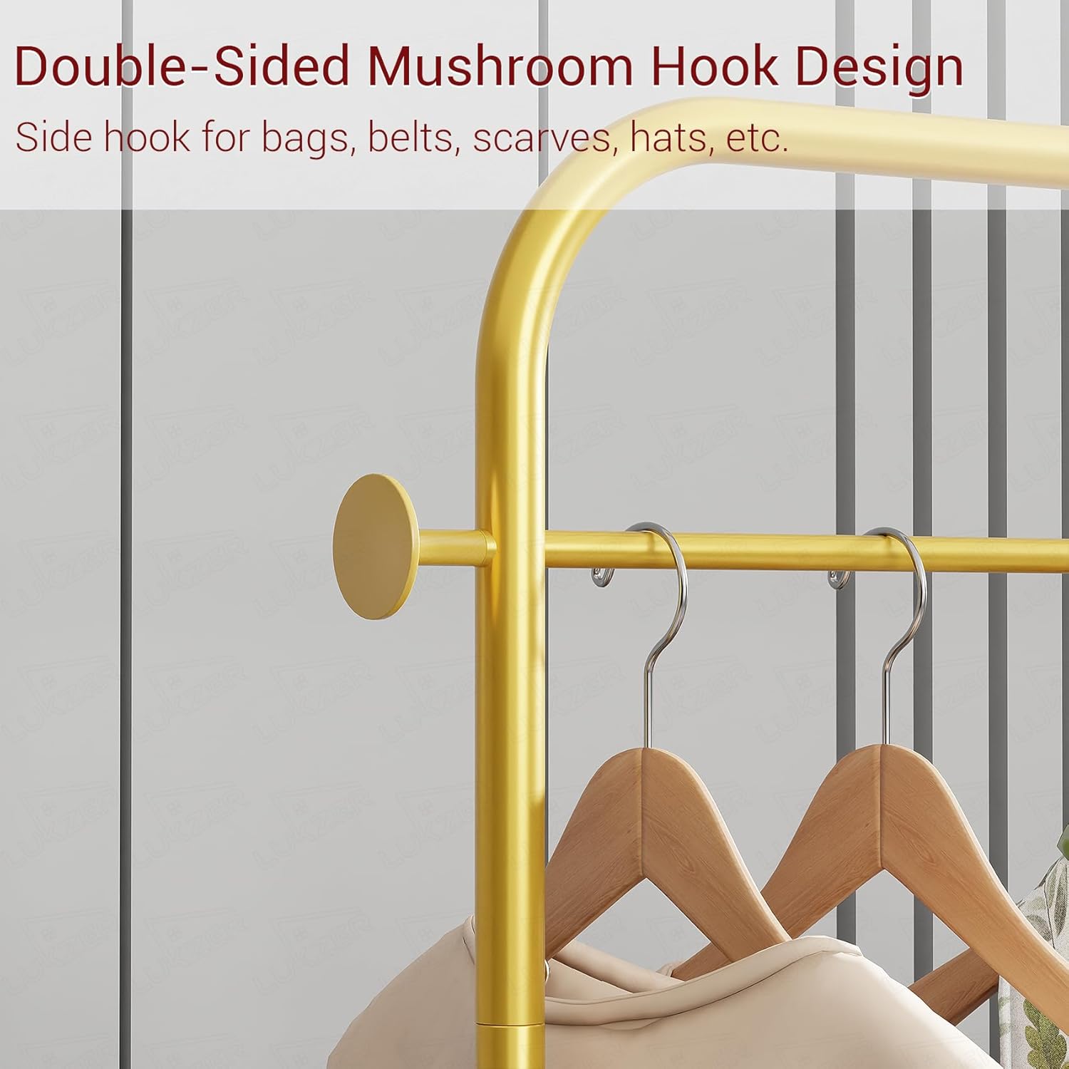 Lukzer Metal Clothes Rail Stand with Leather Storage Bin & Wheels (MGR-009/Gold)