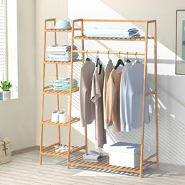 Lukzer Bamboo Clothes Organizer with Rail & 5+1 Storage Shelves (CH-491)