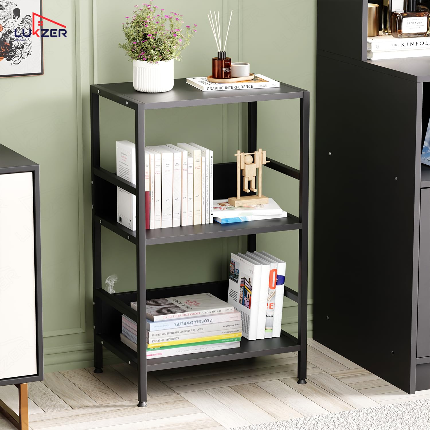 Lukzer 3-Tier Wooden Bedside Table for Bedroom & Multipurpose Open Storage Shelf (MMR-006-Black & Black)