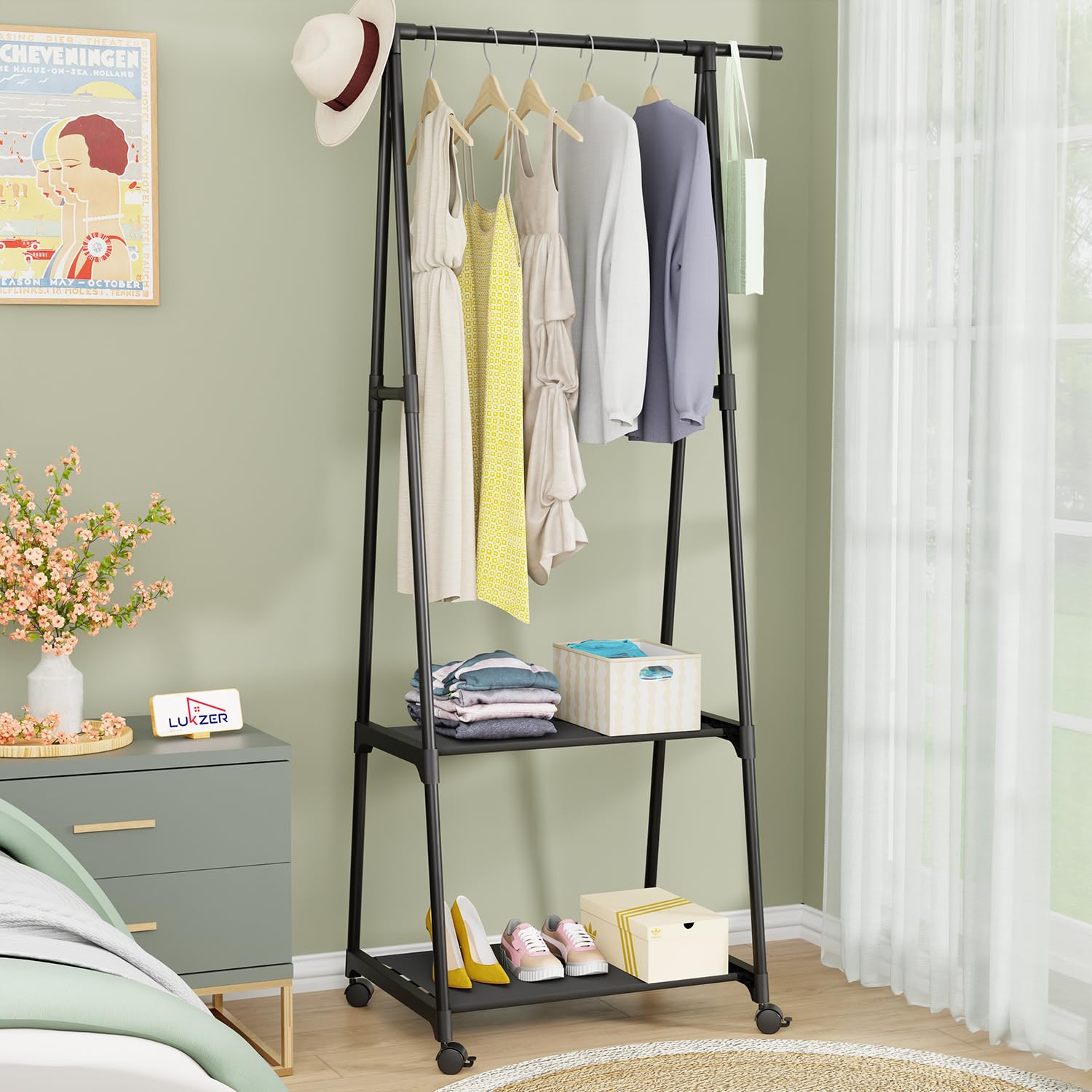 Lukzer A-Shaped Metal Garment Stand with Dual Storage Shelves & Wheels (MGR-010/Black)