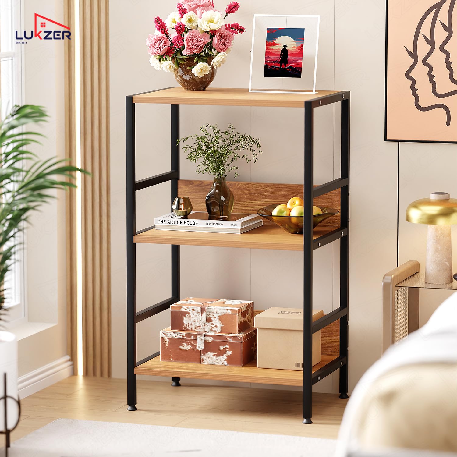 Lukzer 3-Tier Wooden Bedside Table for Bedroom & Multipurpose Open Storage Shelf (MMR-006-Black & Oak Brown)