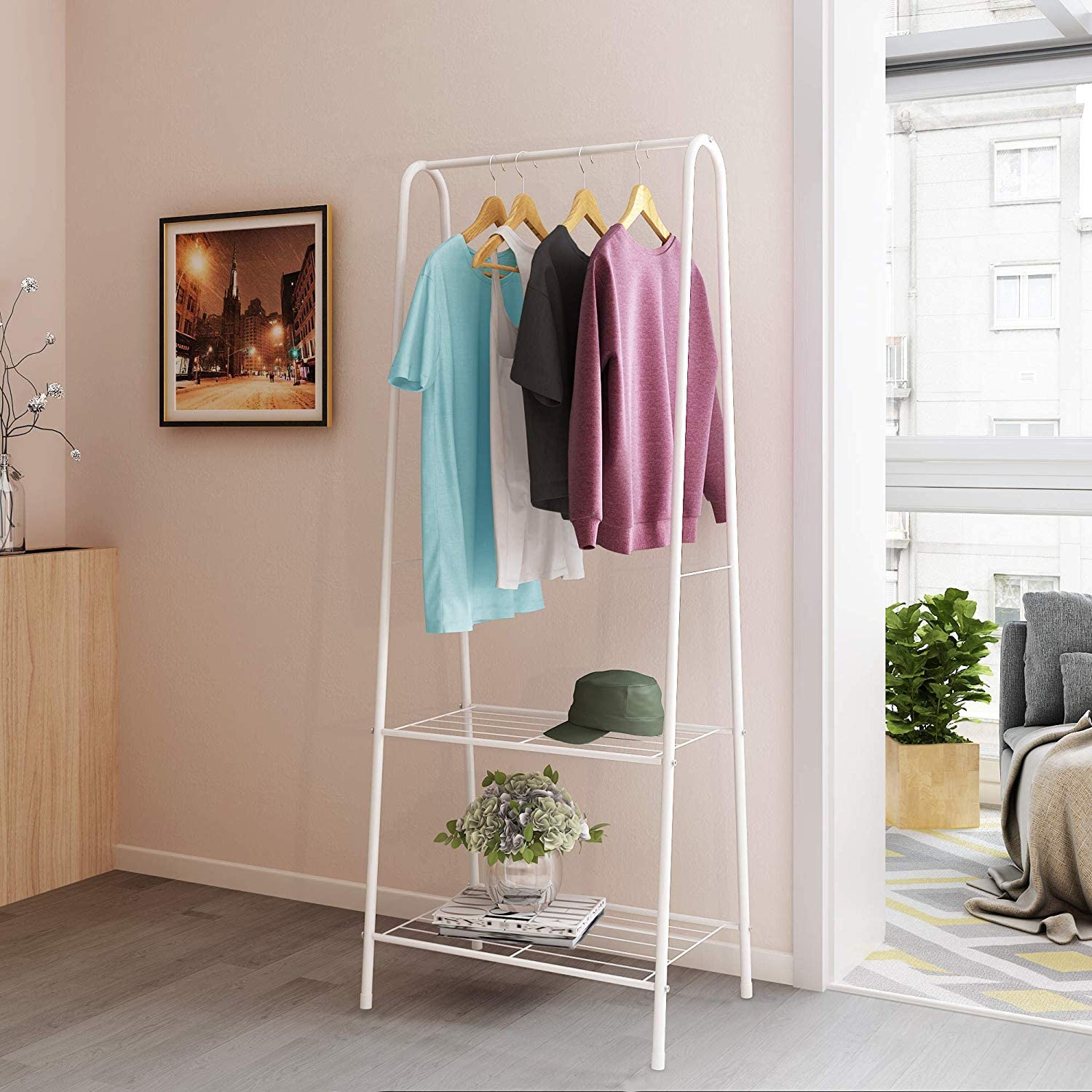 Lukzer Modern Metal Garment Rack with 2 Bottom Shelves – A-Shape - Frame Design (Black/White)