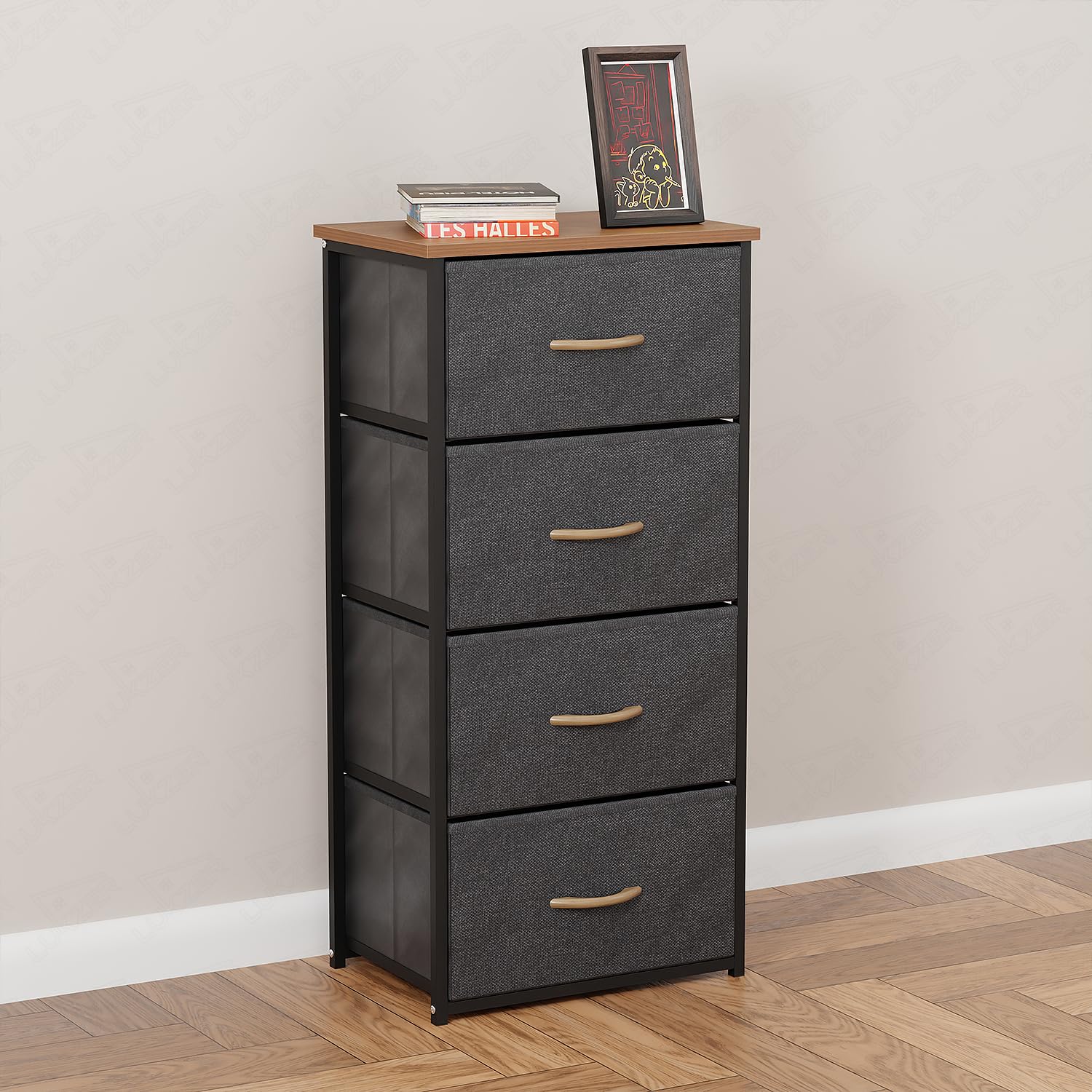 Lukzer 4-Drawer Fabric Storage Organizer for Closet (MMR-002/Black & Oak Brown)
