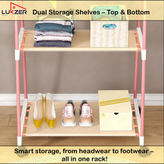 Lukzer A-Shaped Metal Garment Stand with Dual Storage Shelves & Wheels (MGR-010/Pink)