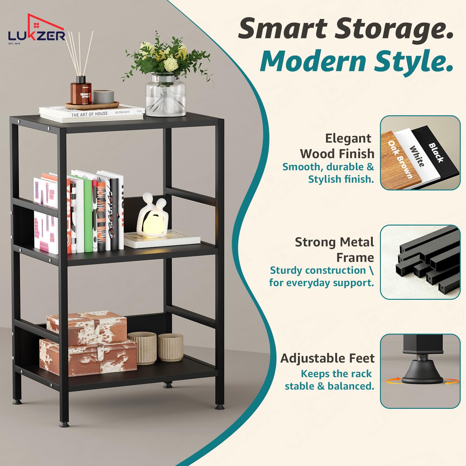Lukzer 3-Tier Wooden Bedside Table for Bedroom & Multipurpose Open Storage Shelf (MMR-006-Black & Black)