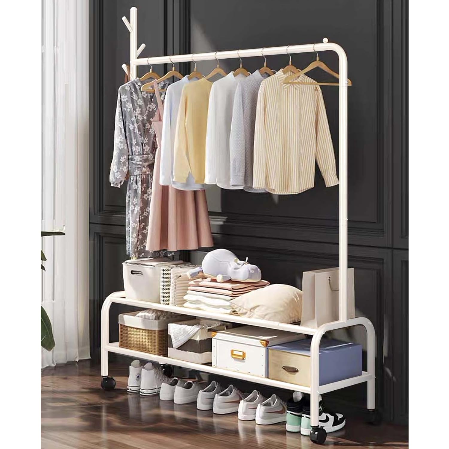 Lukzer Single Pole Portable Metal Garment Rack with 2 Bottom Shelves (MGR-008/White)