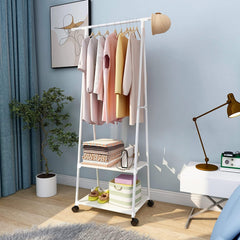 Lukzer A-Shaped Metal Garment Stand with Dual Storage Shelves & Wheels (MGR-010/White)