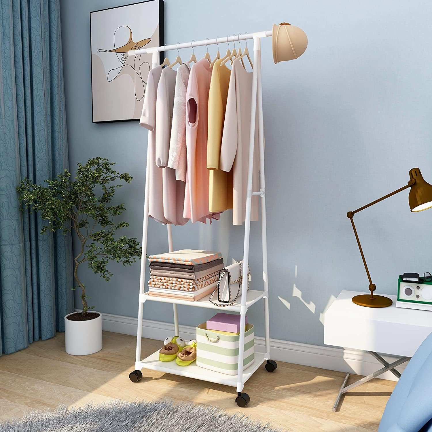 Lukzer A-Shaped Metal Garment Stand with Dual Storage Shelves & Wheels (MGR-010/White)