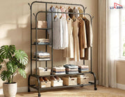 Lukzer Metal Garment Stand with 6 Shelves & Double Rods with Side Hooks & Wheels (MGS-008/Black)