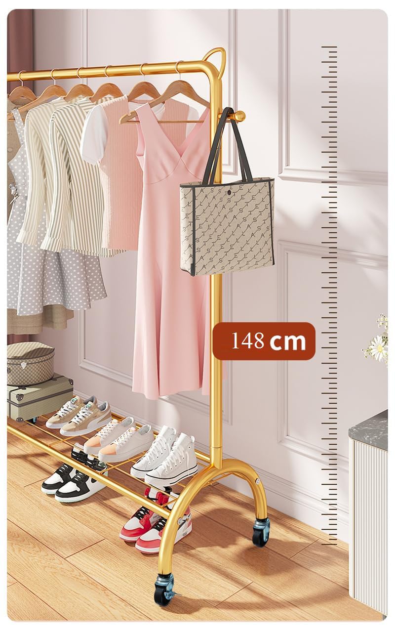 Lukzer Multi-Functional Cloth Rack Stand with Bottom Shelves & Wheels – Cat Ear Design (148x120x38cm, Black/Gold/White)