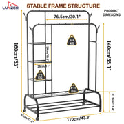 Lukzer Metal Garment Stand with 6 Shelves & Double Rods with Side Hooks & Wheels (MGS-008/Black)