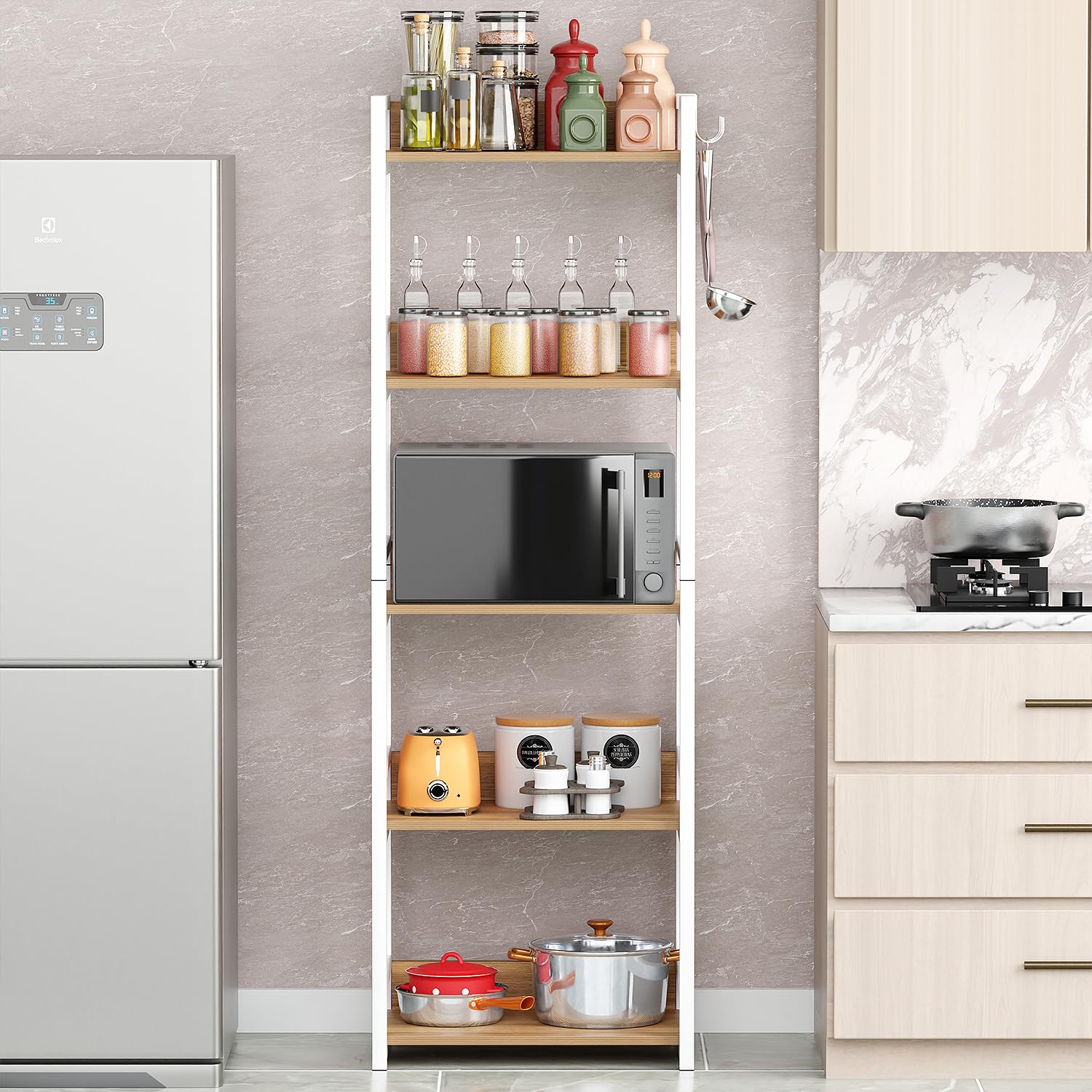 Lukzer 5-Tier Multipurpose Metal & Wood Kitchen Storage Rack (MKR-005/Oak Light with White)