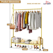 Lukzer Metal Single Rod Clothes Hanging Stand with Bottom Shelf & Lockable Wheels (MGR-003/Gold)