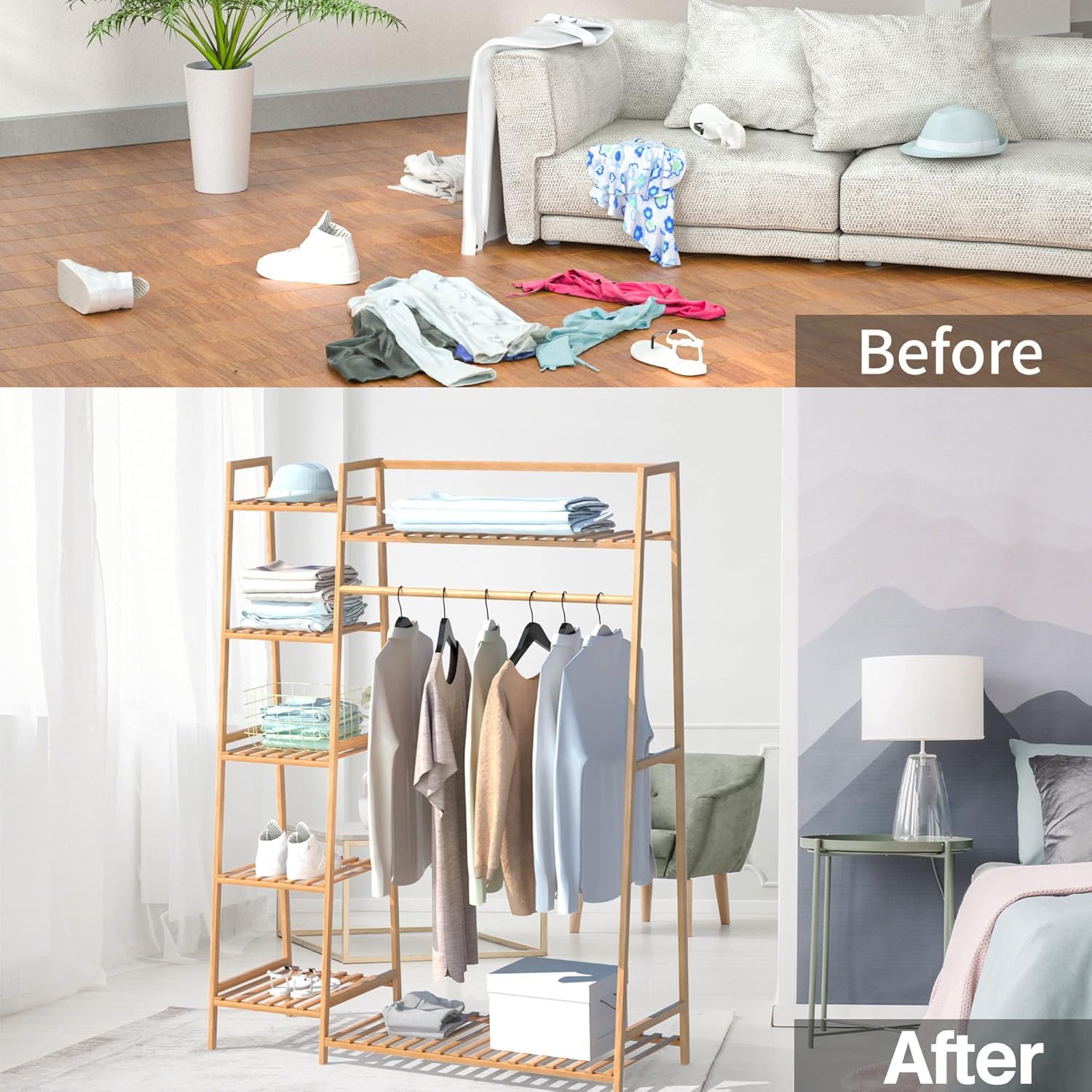 Lukzer Bamboo Clothes Organizer with Rail & 5+1 Storage Shelves (CH-491)