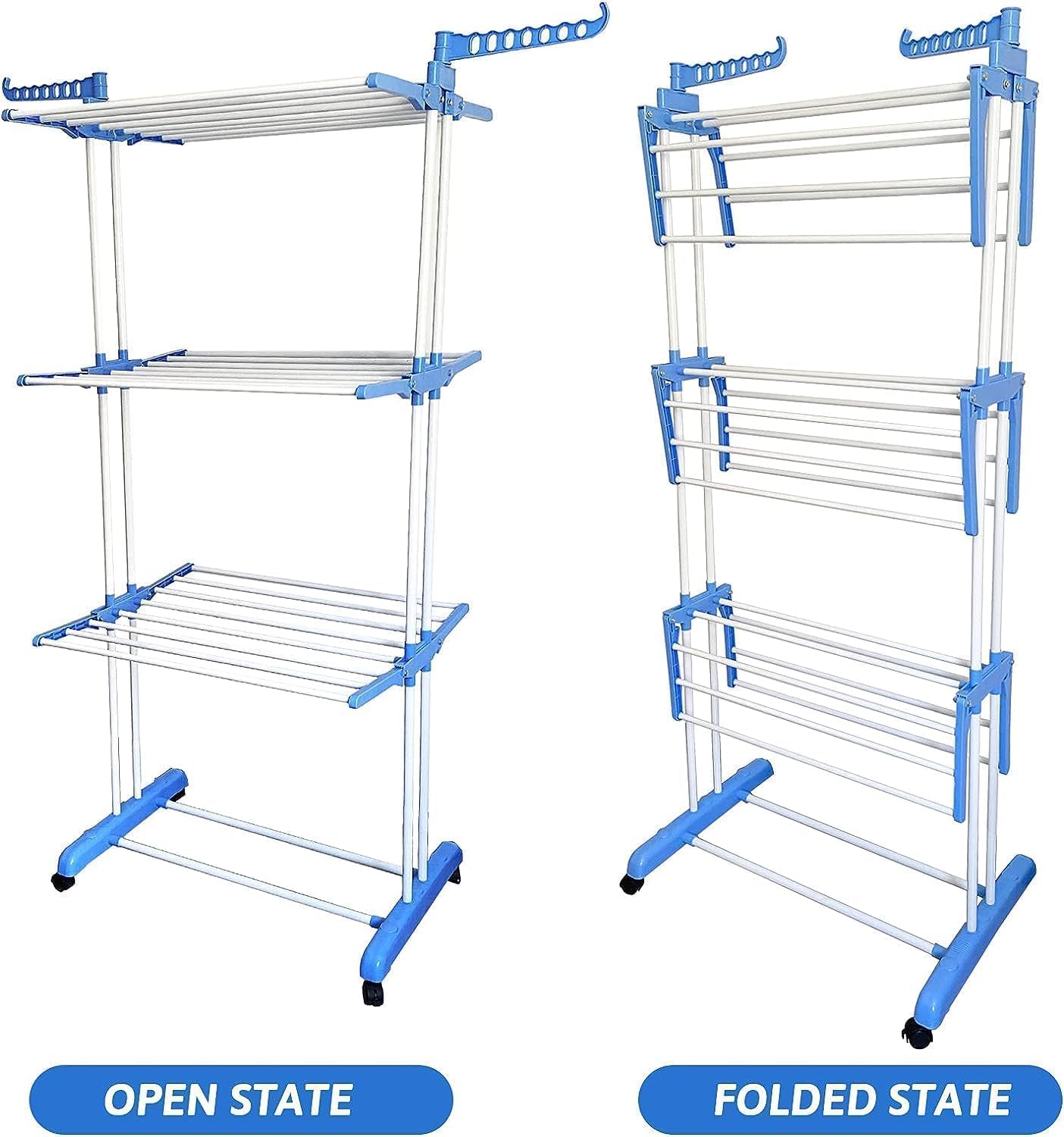 Lukzer 3-Tier Foldable Clothes Drying Rack with Wheels | Stainless Steel Laundry Stand | Space-Saving, Heavy-Duty, Rust-Resistant for Indoor Outdoor Use – Towels, Clothes, Bedsheets