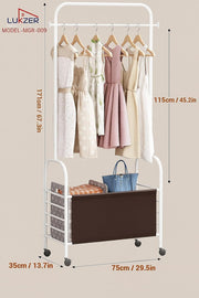 Lukzer Metal Clothes Rail Stand with Leather Storage Bin & Wheels (MGR-009/White)