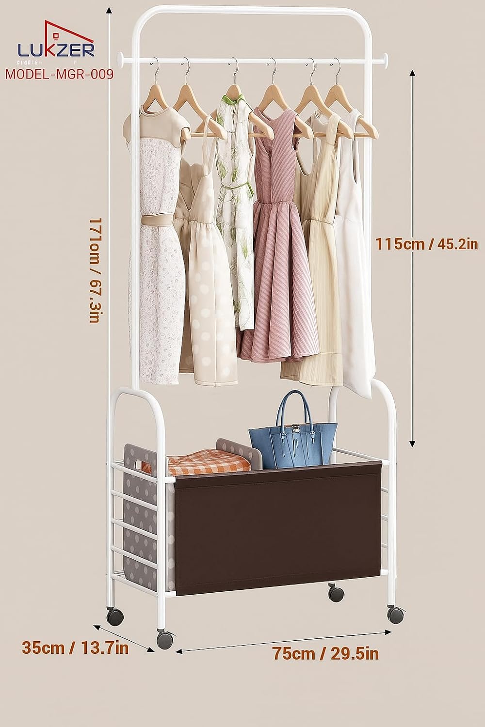 Lukzer Metal Clothes Rail Stand with Leather Storage Bin & Wheels (MGR-009/White)