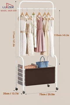 Lukzer Metal Clothes Rail Stand with Leather Storage Bin & Wheels (MGR-009/White)