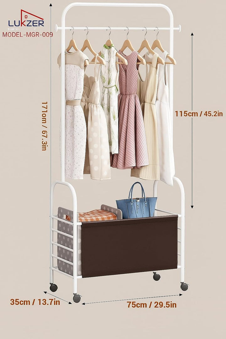Lukzer Metal Clothes Rail Stand with Leather Storage Bin & Wheels (MGR-009/White)