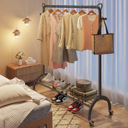 Lukzer Multi-Functional Cloth Rack Stand with Bottom Shelves & Wheels – Cat Ear Design (148x120x38cm, Black/Gold/White)