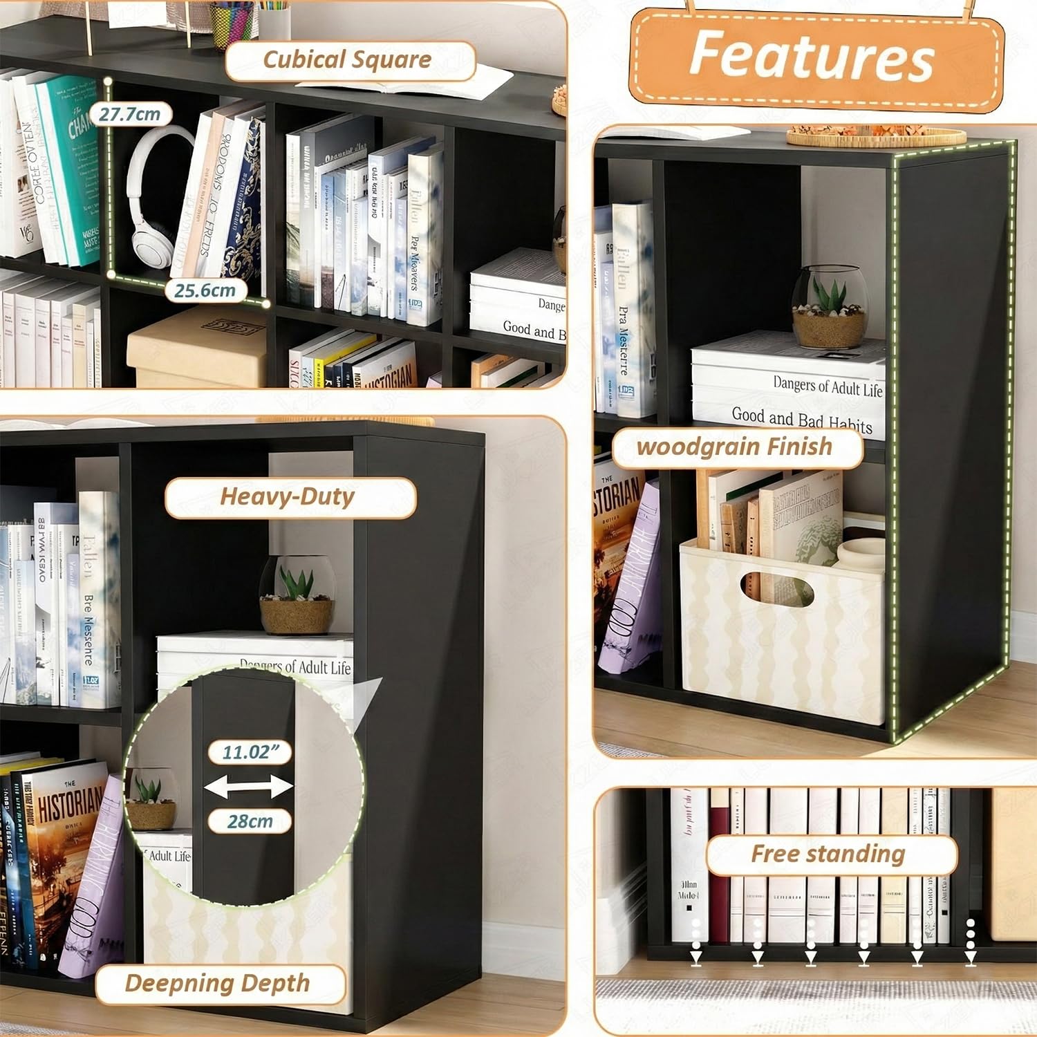 Lukzer 8 Cube Shelf Engineered Wood Bookshelf Storage Organizer (MR-009/Black)