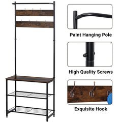 Lukzer Multipurpose Hall Tree with Coat Rack, Bench and Shoe Storage (Black & Oak)