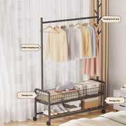 Lukzer Metal Single Rod Clothes Hanging Stand with Double Shelf & Lockable Wheels (MGR-004/Black)